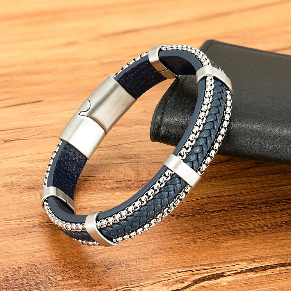 TYO New Arrivel Punk Design Chain Stainless Steel Braid Leather Bracelet for Men Magnetic Buckle Charm Jewelry Gifts Customized - Image 4