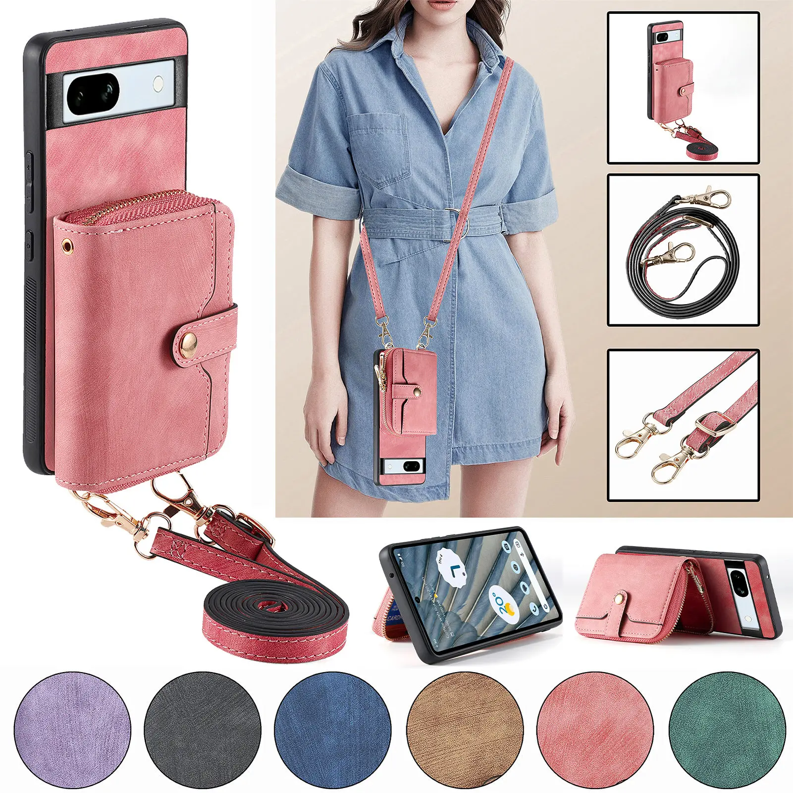 Wallet For Google Pixel 7a Case Zipper Multi Card Slot With Long Lanyard Shockproof Leather Phone Cover For Pixel 8 6 Pro