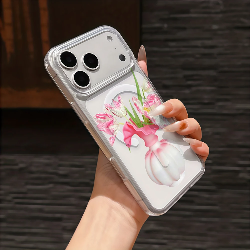 Elegant Pink Tulip Magnetic Transparent Phone Case Cover