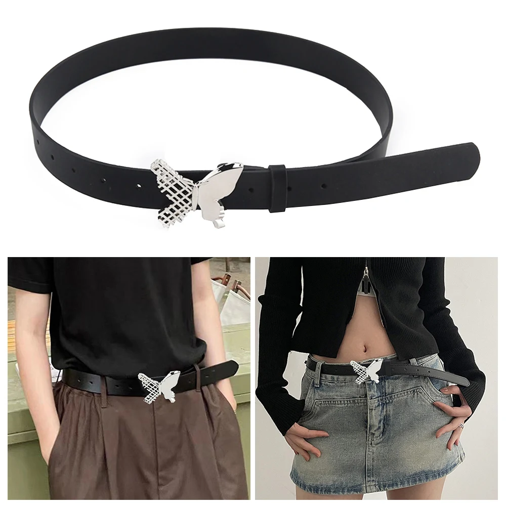 

Y2K Metal Butterfly Buckle Waist Belt For Women Korean Fashion Pure Color Smooth Waistband Hollow Out Jeans Pants Decorative