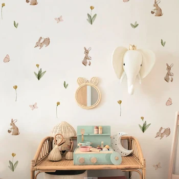 Autocollant mural aquarelle lapins et fleurs mignons pour pépinière d'été, autocollants muraux réutilisables et amovibles pour enfants 1