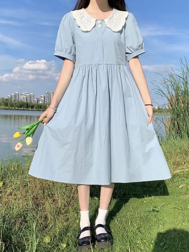 

Japanese Mori Girly Elegant Blue Preppy Style Women Dress Summer Patchwork Fairy Peter Pan Collar Waist Short Sleeve Mid Dresses
