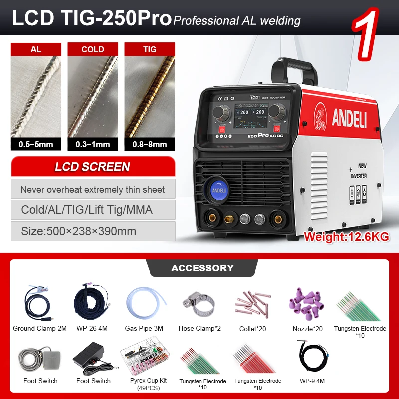 ANDELI LCD Smart Tig-250 Pro 6 in 1 AC DC HF TIG Pulse Cold MMA Multifunctional Aluminium TIG Welding Machine