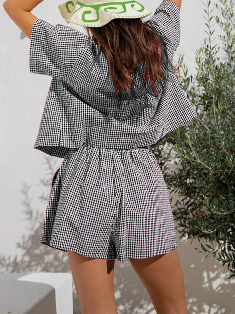 

Women Cute Bow Tie Front Pajama Set Short Sleeve Plaid Print Cutout Lace Up Tops Ruffle Hem Shorts Aesthetic Babydoll Pj Sets