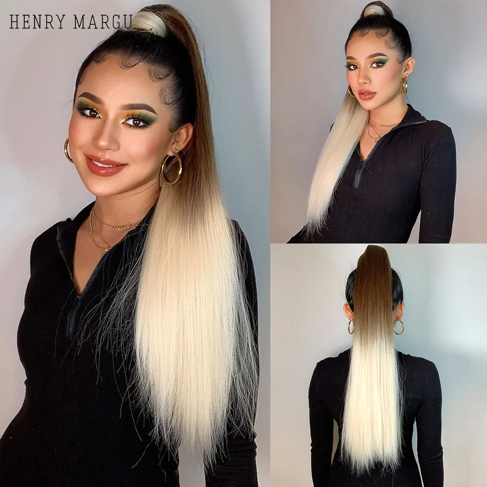 

HENRY MARGU Long Straight Wrap Around Clip On Ponytail Hair Extension for Women Ombre Blonde Brown Synthetic Pony Tail Hairpiece