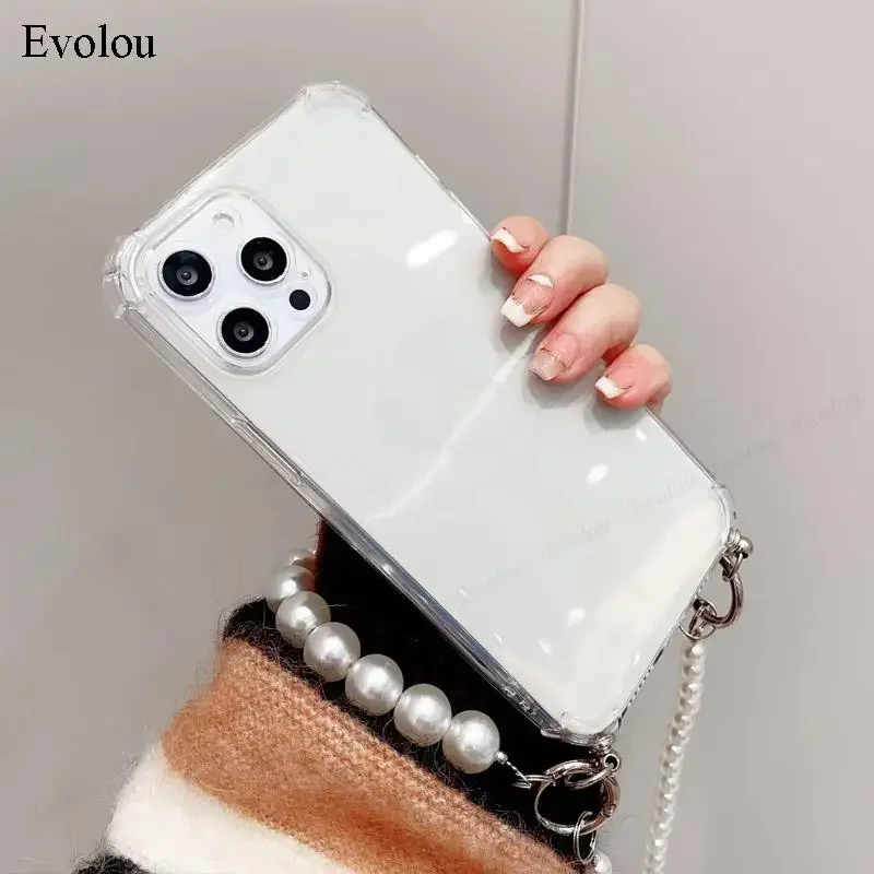 Pearl Chain Crossbody Lanyard Transparent Soft Silicone Phone Case