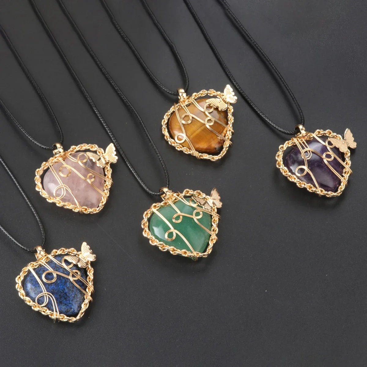 

5PCS Natural Stone Obsidian Lapis Lazuli Heart-shaped Pendant Necklace Amethysts Tiger Eye Flower Necklace for Women Men