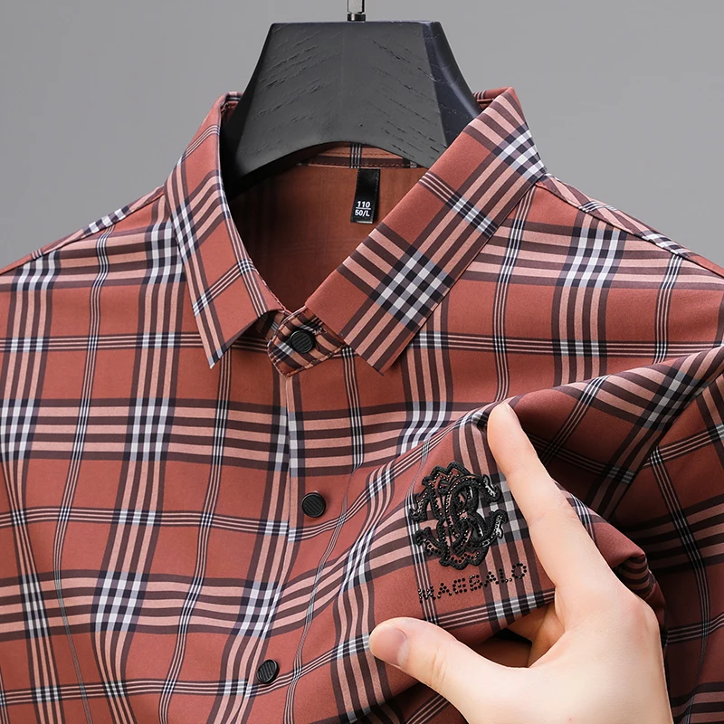 Men Ice Silk Shirt High-End Plaid Embroidery Diamond Trend Seamless Lapel Comfort No Iron Summer