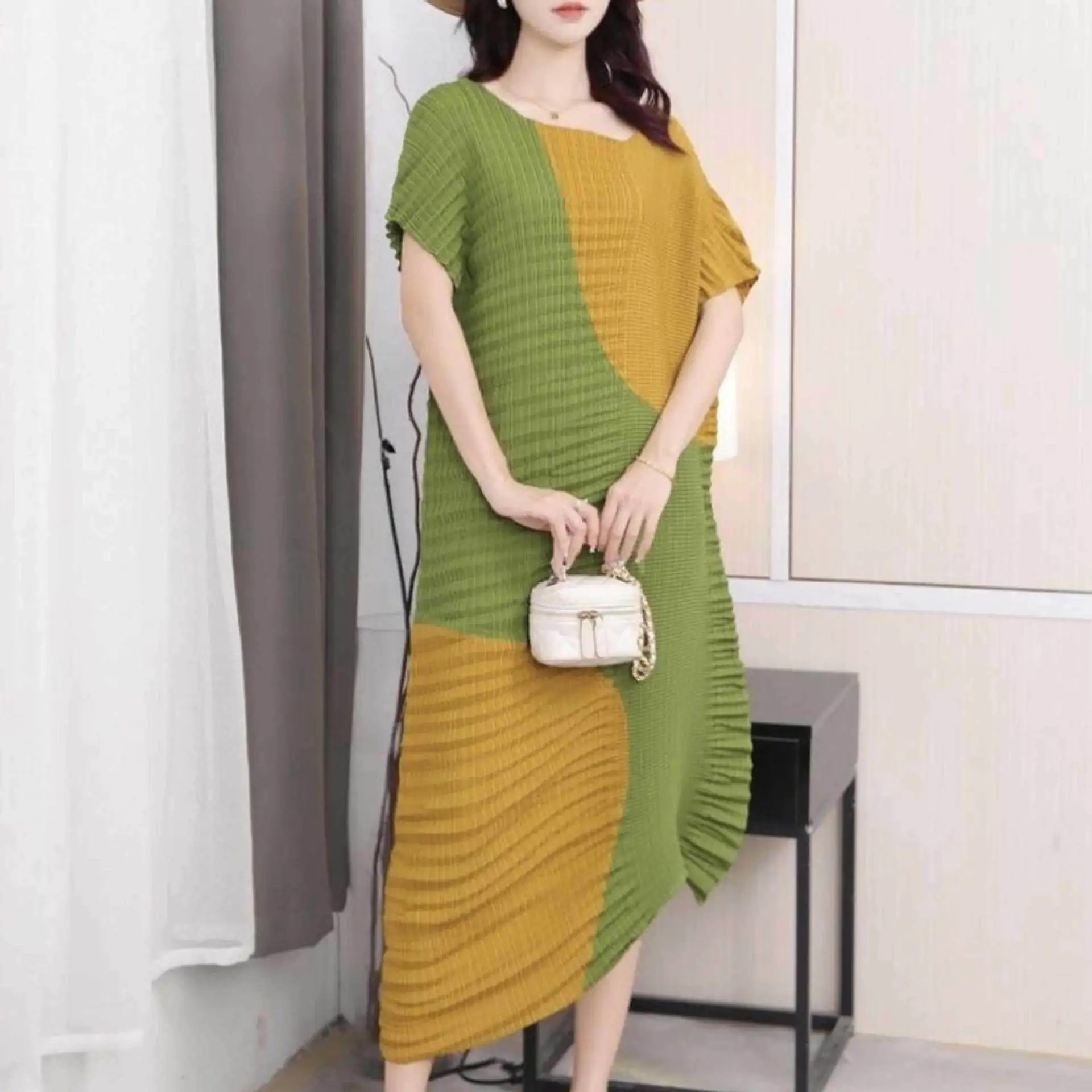 

Elegant All-match Summer Women's Dress Crossover Color Matching Irregular Dress