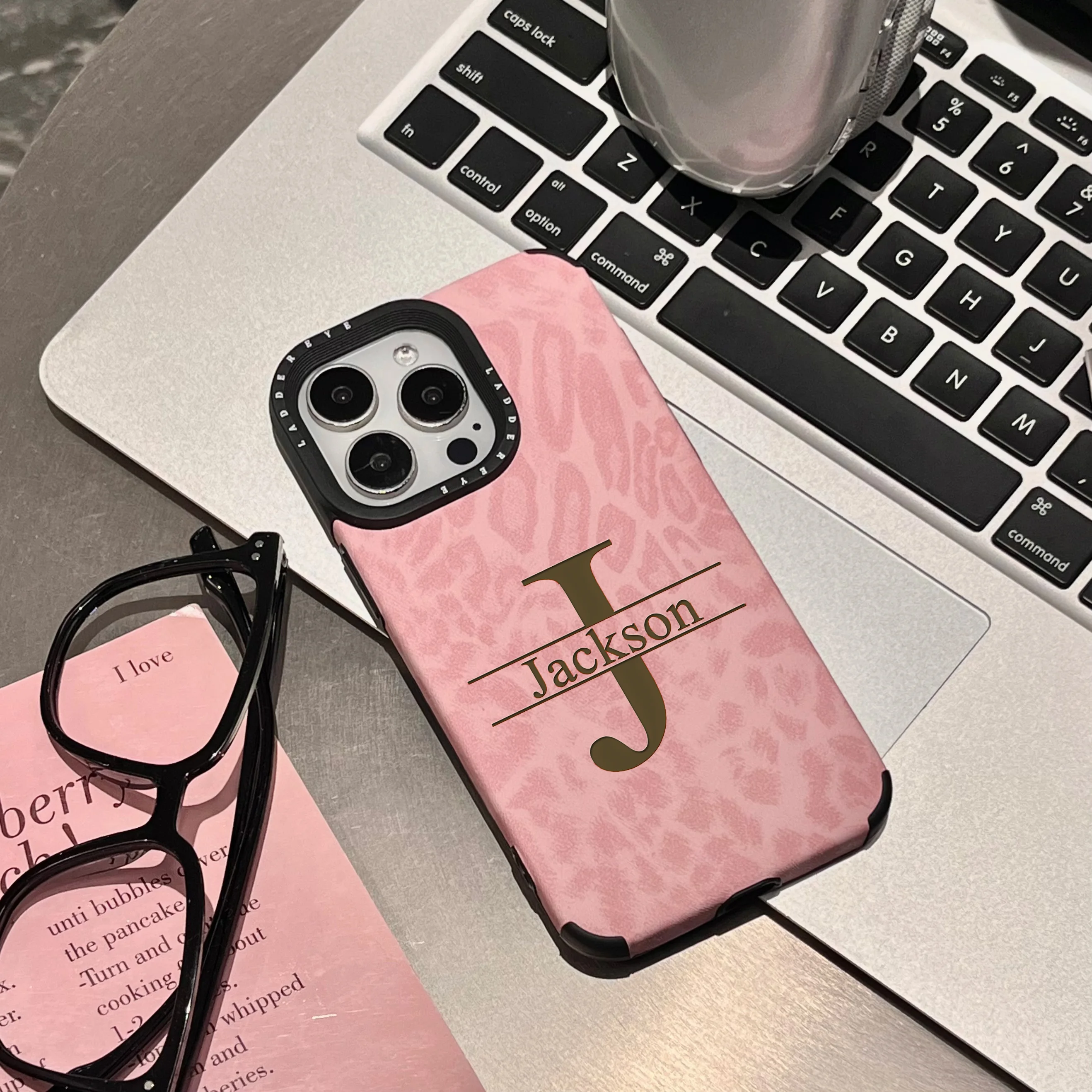 Customized Pink Leopard Synthetic Leather Phone Case with Personalized Name Cover