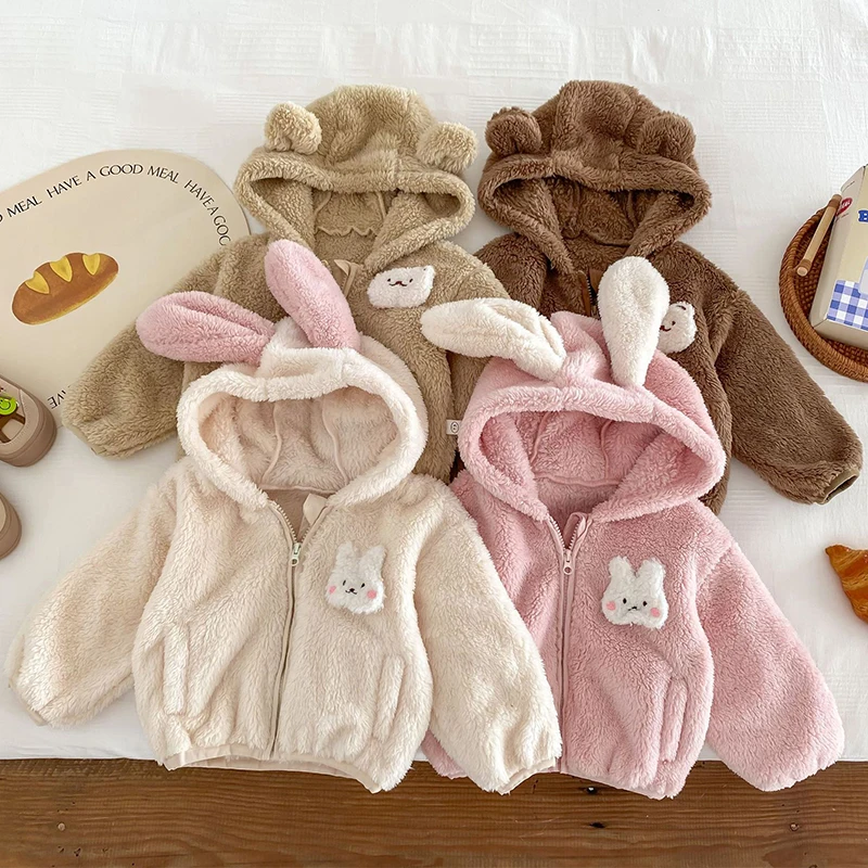 Plush baby girls boys jacket spring autumn keep warm zipper hooded outerwear cute rabbit bear infant coat 0-5 years kids clothes