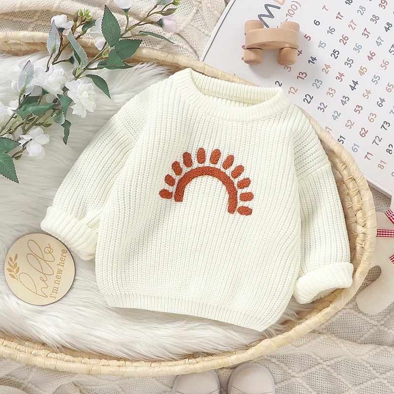 MISOWMNJOY Kids Winter Jumper Clothes Baby Boy Girl Knit Sweater Sun Embroidery Long Sleeve Pullover Tops for Infant Knitwears