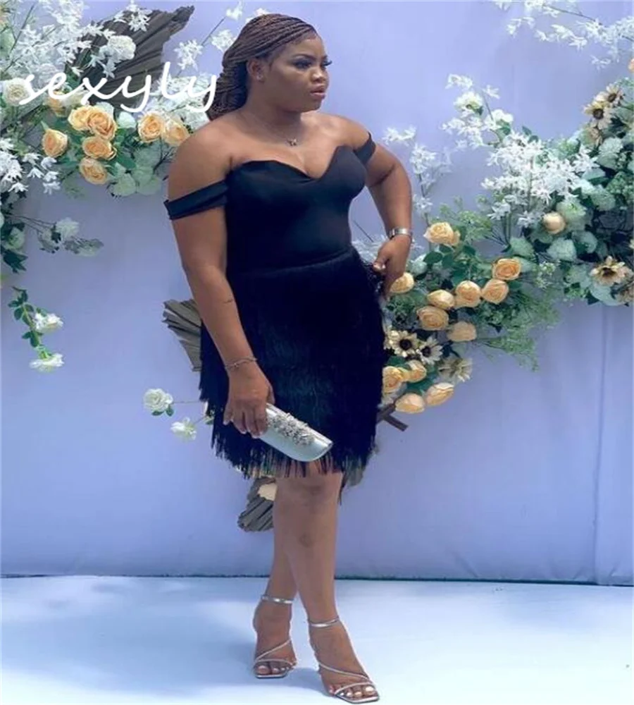 

New Black Red Short Evening Dress With Tassel 2023 Off Shoudlers Black Girls Prom Dress Sexy Club Cocktail Party Wear Formal