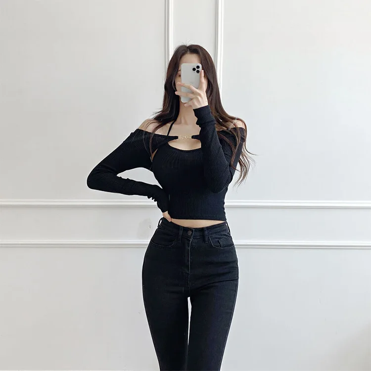 Sommer Slim Fit Komfortable Sexy Halter Strap Metall Schnalle T-shirt + Koreanische Slim Fit Kurze Stricken Top Frauen Set langarm Crop Top – Detail 17