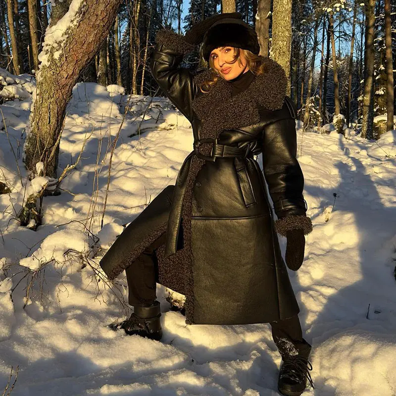 Fashion Lamb Wool PU Leather Long Jacket Women With Belt Patchwork Lapel Pocket Oversize Overcoat Winter Warm Thick Outwear