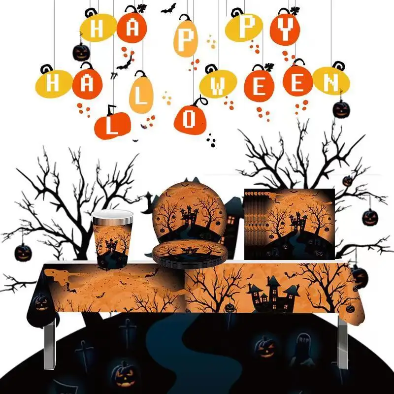 

Halloween Party Tableware Supplies Pumpkin Skeleton Witch Dinner Dessert Plates Cups Napkins for Halloween Party Decorations