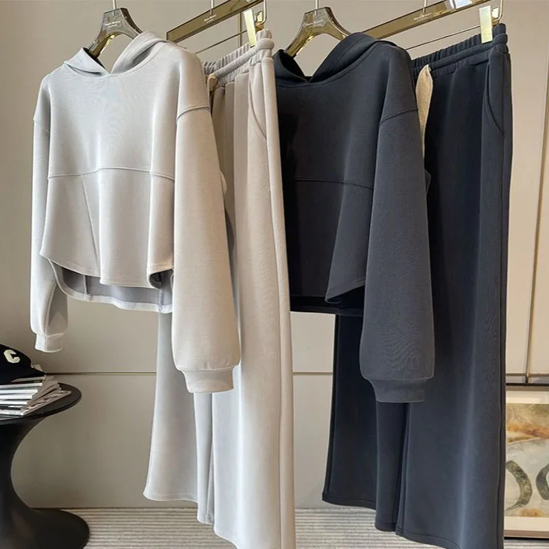2025 Spring Autumn Women Clothing Sets Hoodies+Wide Leg Pants 2Pcs Suits Solid Color Female Casual Tracksuit Fashion Streetwear 1