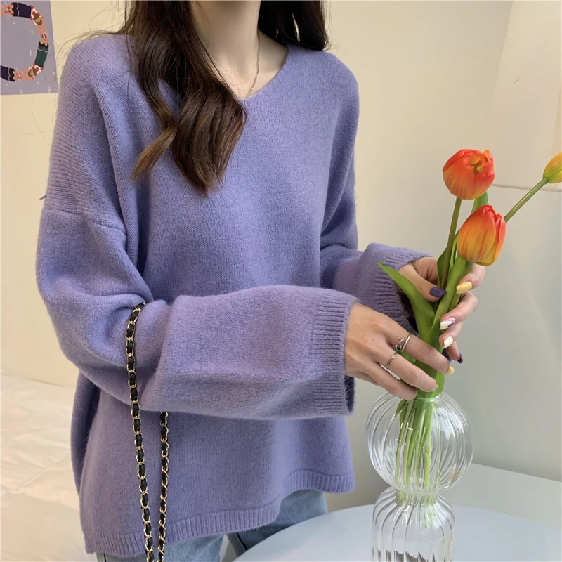 V-neck Pullovers Women Solid Candy Colors Sweet Harajuku High Street Loose-fit Long Sleeve Sweaters Ulzzang Knitted Pullover Ins striped sweater