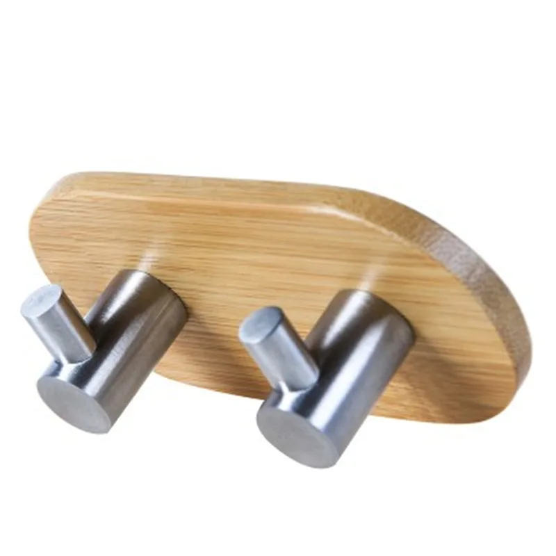 Natural Bamboo Stainless Steel Hook Wall Clothes Bag Headphone Key Hanger Kitchen Bathroom Door Towel Rustproof Shelf WJ622