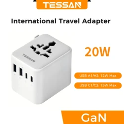 TESSAN 65W GaN Compact Travel Adapter with Multiple USB Ports - Universal Plug (20W 2U 2C)