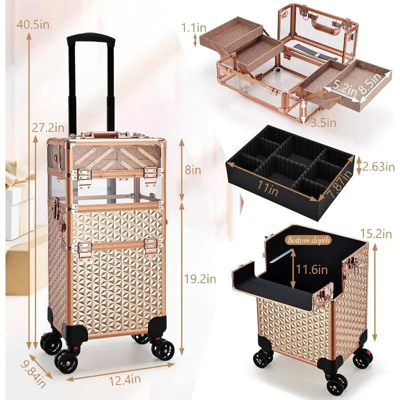 Rolling Makeup Case Professional, 3-in-1 Wheeled Makeup Trolley, Large Salon and Barber Travel Trunk Suitcase for Cosmetology 5