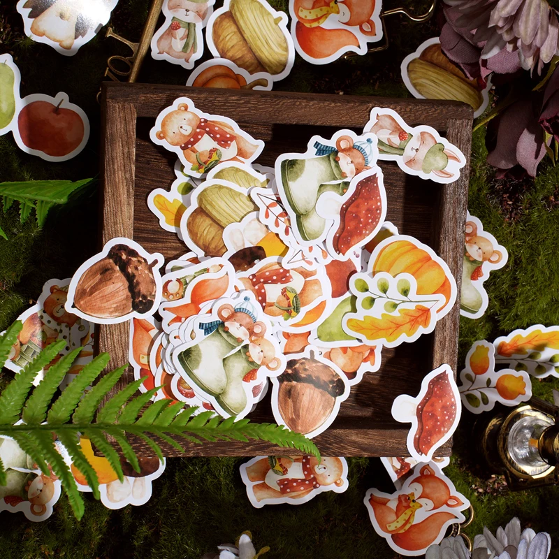 

46PCS Cute Autumn Forest Small Paper Sticky Sticker Aesthetic Decoration Scrapbooking Korean Stationery School Supplies for Kids