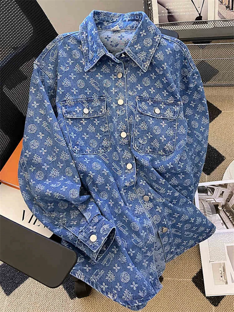 Denim Shirt Female 2023 New Spring and Autumn Long-Sleeved Coat Full Printed Jacquard Loose Shirt Age-Reducing Top Commuting X66