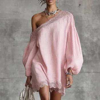 Elegante mini abito con pizzo per donna, spalle scoperte, maniche lunghe a sbuffo, abito corto alla moda per appuntamenti serali, vestiti.