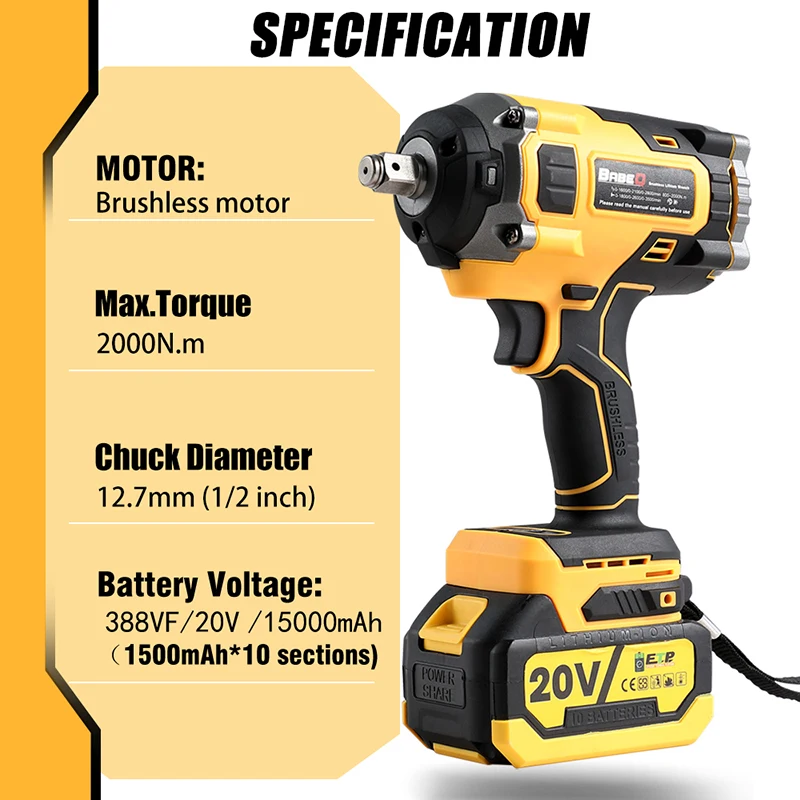 BINGK 2000N.M Torque Brushless Electric Impact Wrench For Trucks 1/2 inch Lithium-Ion Battery Cordless Wrench Driver Power Toos 3