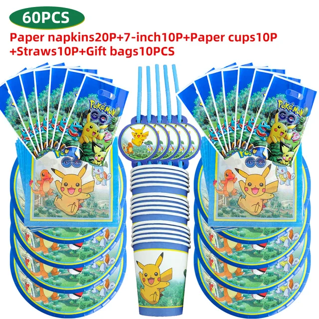 TAKARA TOMY Pikachu Pokemon Birthday Decoration Disposable Cutlery Cup Plate Napkin Tablecloth Bag Baby Shower Party Supplies 60PCS