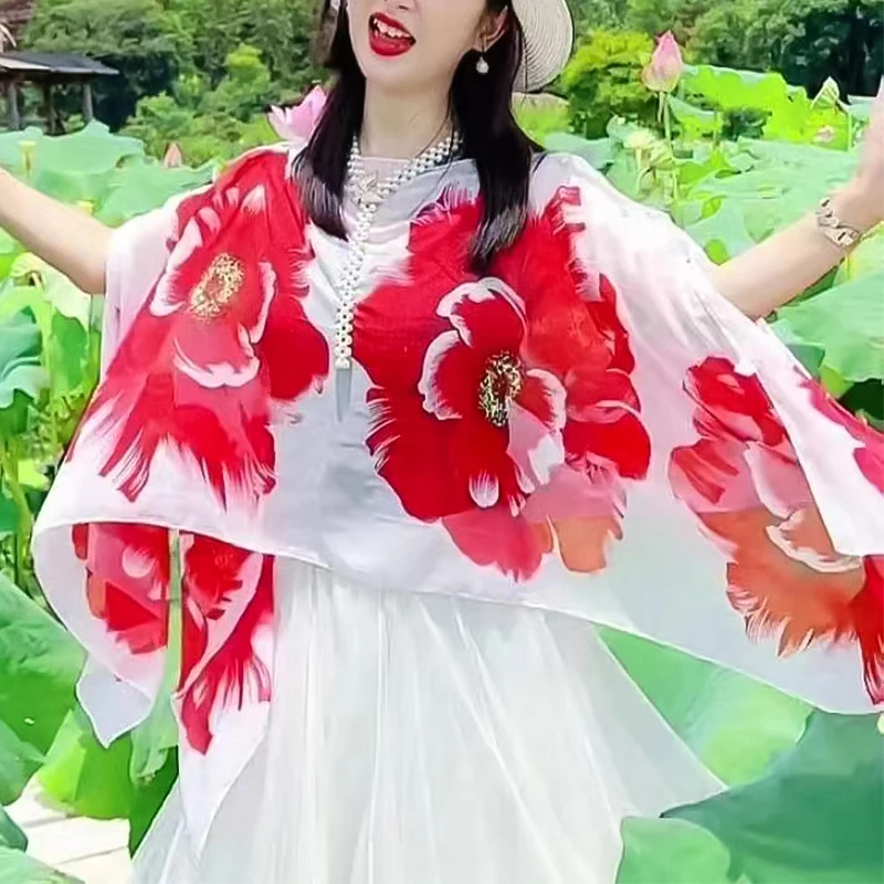 여성용 숄 랩 판초 진주 비키니, 햇빛 차단, 야외 꽃 패턴 장식 액세서리