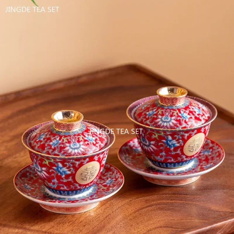 Chinese Wedding Tea Set Enamel Color Ceramic Gaiwan Handmade Beauty Teacup Teaware Gift Exquisite Portable Tea Bowl