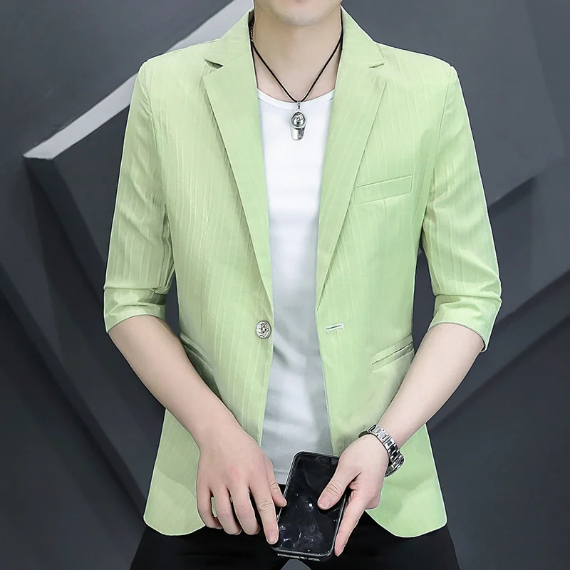 

New 2023 Summer Men's Solid Color Thin Coats Korean Slim Fit Suit Blazer Casual Mid Sleeve Small Suits Youth Outwear Top Jackets