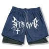 Men's Double Layer 2-in-1 Shorts Summer Gothic High Street Shorts Compression Quick Dry Breathable Fitness Joggers Casual Short 6