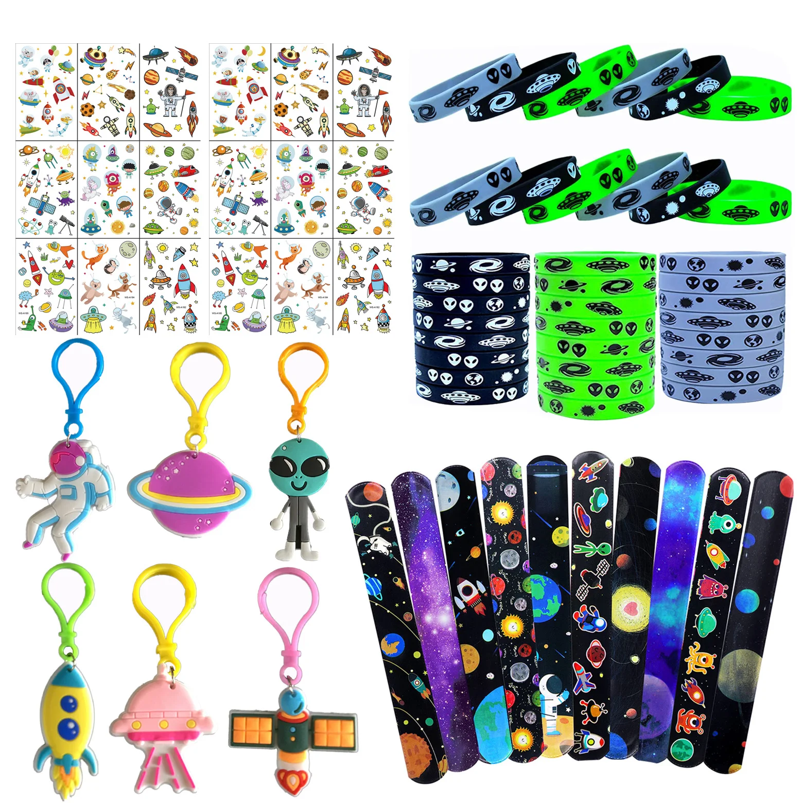 Outer Space Themed Birthday Decorations Tattoo Bracelet  Astronaut Keychain Slap Bracelet Bookmark Gift Bag for Kids