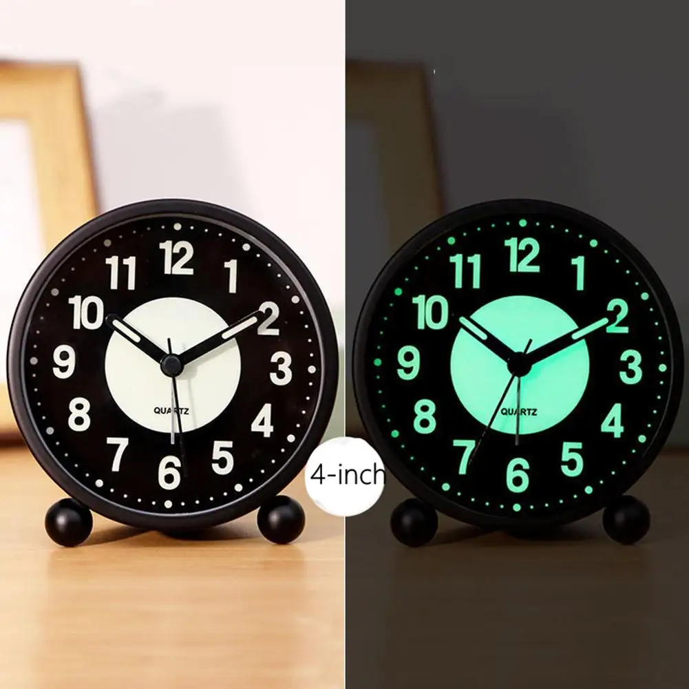 Metal Round 4inch Luminous Alarm Clock Portable Antidrop Silent Movement Night Light Clock