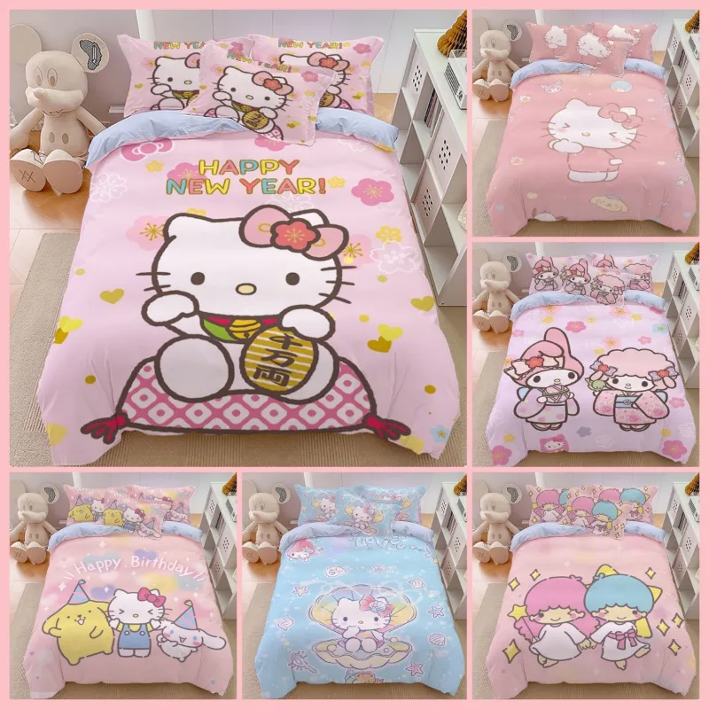 

Комплект постельного белья Sanrio kittycat, пододеяльник с наволочками, с рисунком аниме, мультфильм АВ, двусторонняя хлопковая подстилка для кровати