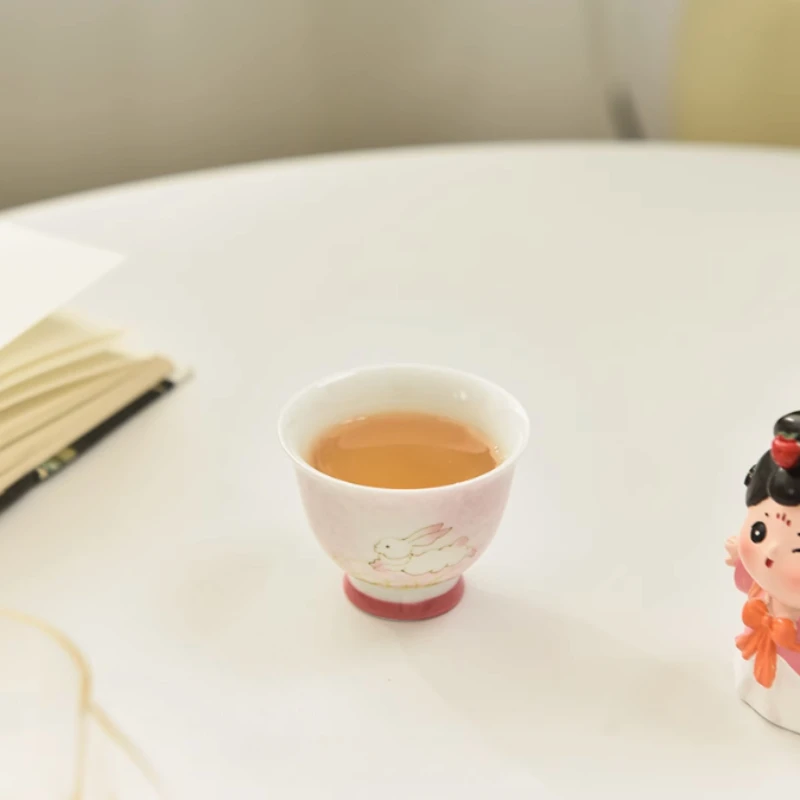 1pc Ceramic Jade Rabbit Small High Cup Household Ladies' Tea Cup Ceramic Master Cup Animal Pattern Design Tea Room Utensils 40ml