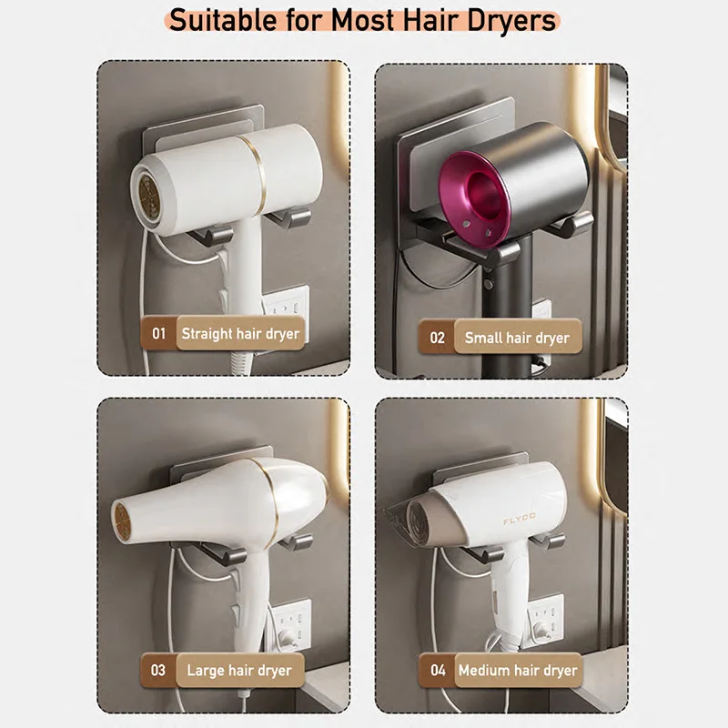 Aluminum Hair Dryer Holder Wall Mounted Self Adhesive No Drill Hairdryer Rack for Dyson Punch Free Bathroom Storage Organizer 5