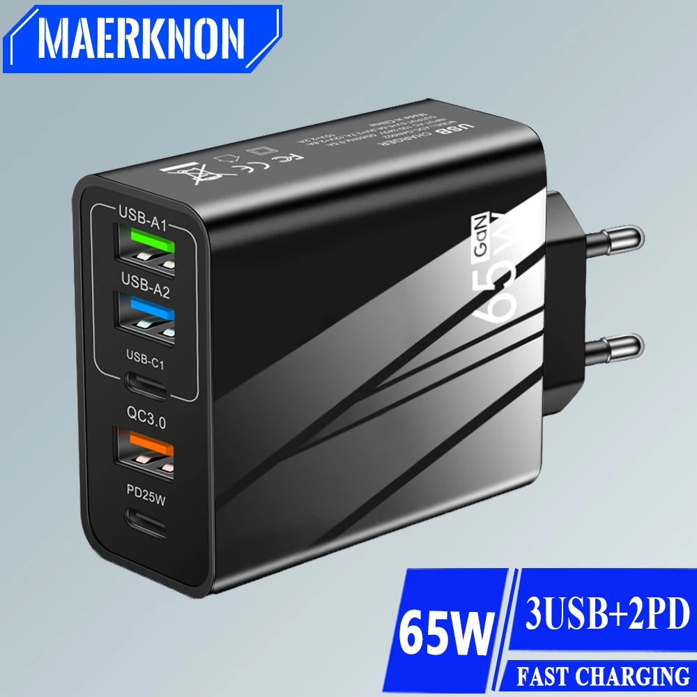 65W GaN Charger USB C Fast High Speed Charging Quick Phone Wall Adapter For iPhone 15 pro max Samsung S23 Huawei 60 Xiaomi 13 14