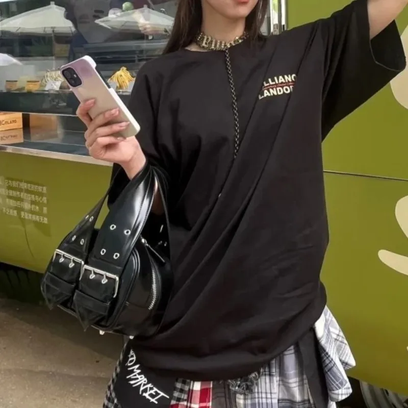 Hot Girl Black Leather Buckle Handbag Women Punk Leather Chic Shoulder Bags Ladies Y2k Aesthetic Cool Trendy Crossbody Bag 2025