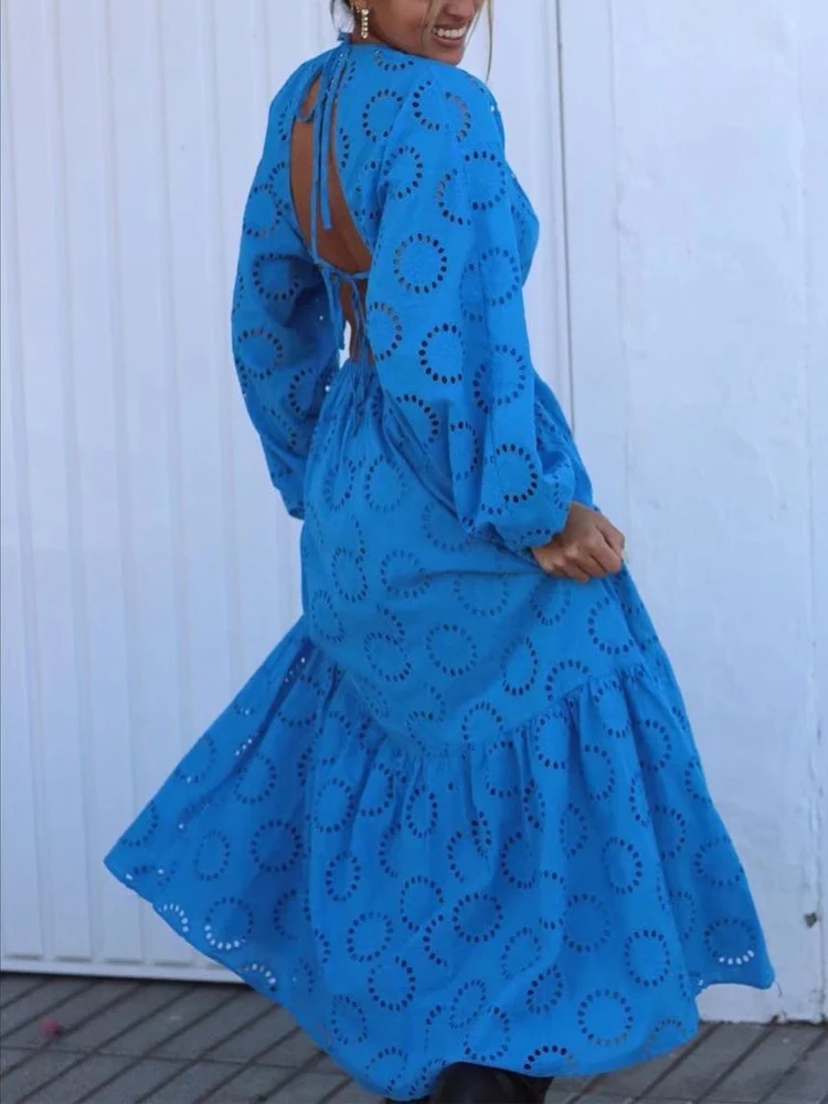 Traf Blue Cutwork Long Dress Women 
