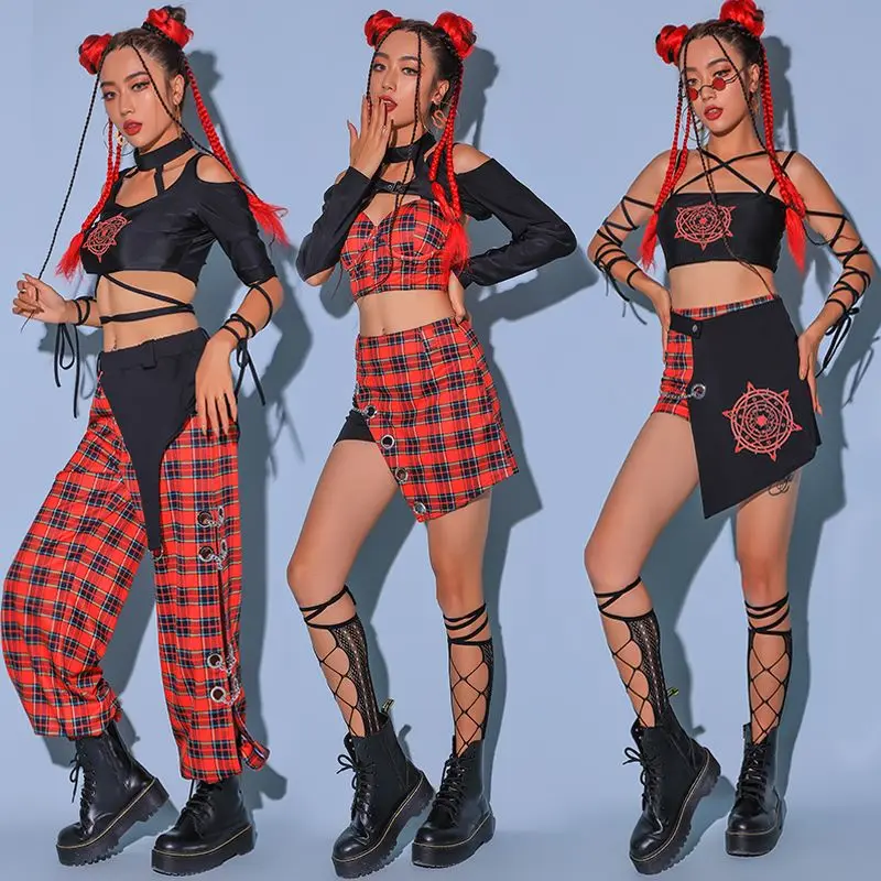 

Hip Hop Dancing Clothes For Adult Women Gogo Dancer Outfit Jazz Dance Performance Costume Plaid DJ DS Cheerleader Unidorm YS3125