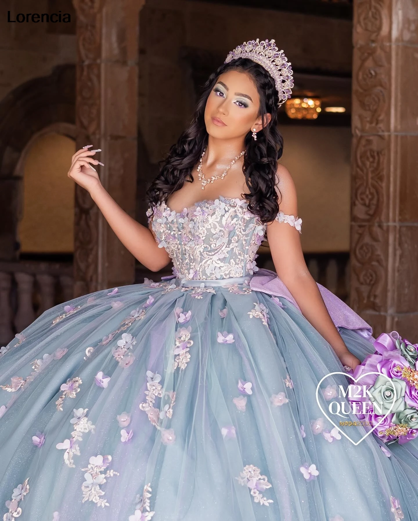 Mexican Blue Quinceanera Dress Ball Gown Pink Floral Applique Beads Bow Corset Sweet 16 Vestidos De 15 A&ntilde;os YQD915