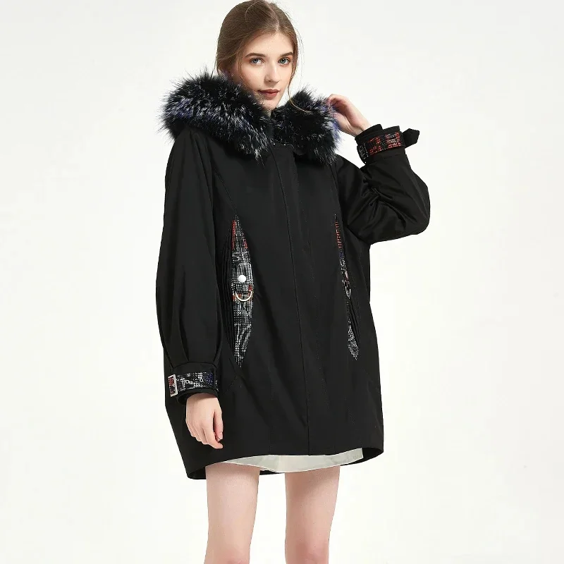 thumbnail image 1 of Parkas de piel auténtica de Tayikistán para mujer, abrigo con forro de conejo Rex desmontable para mujer, chaqueta holgada con cuello de zorro y mangas raglán para invierno, 1 of 5