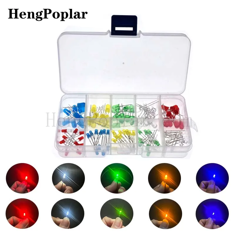100 Stück/Box 3mm 5mm LED-Kit mit Box gemischte Farbe rot grün gelb blau weiß Leuchtdioden lampe Sortiment Kit