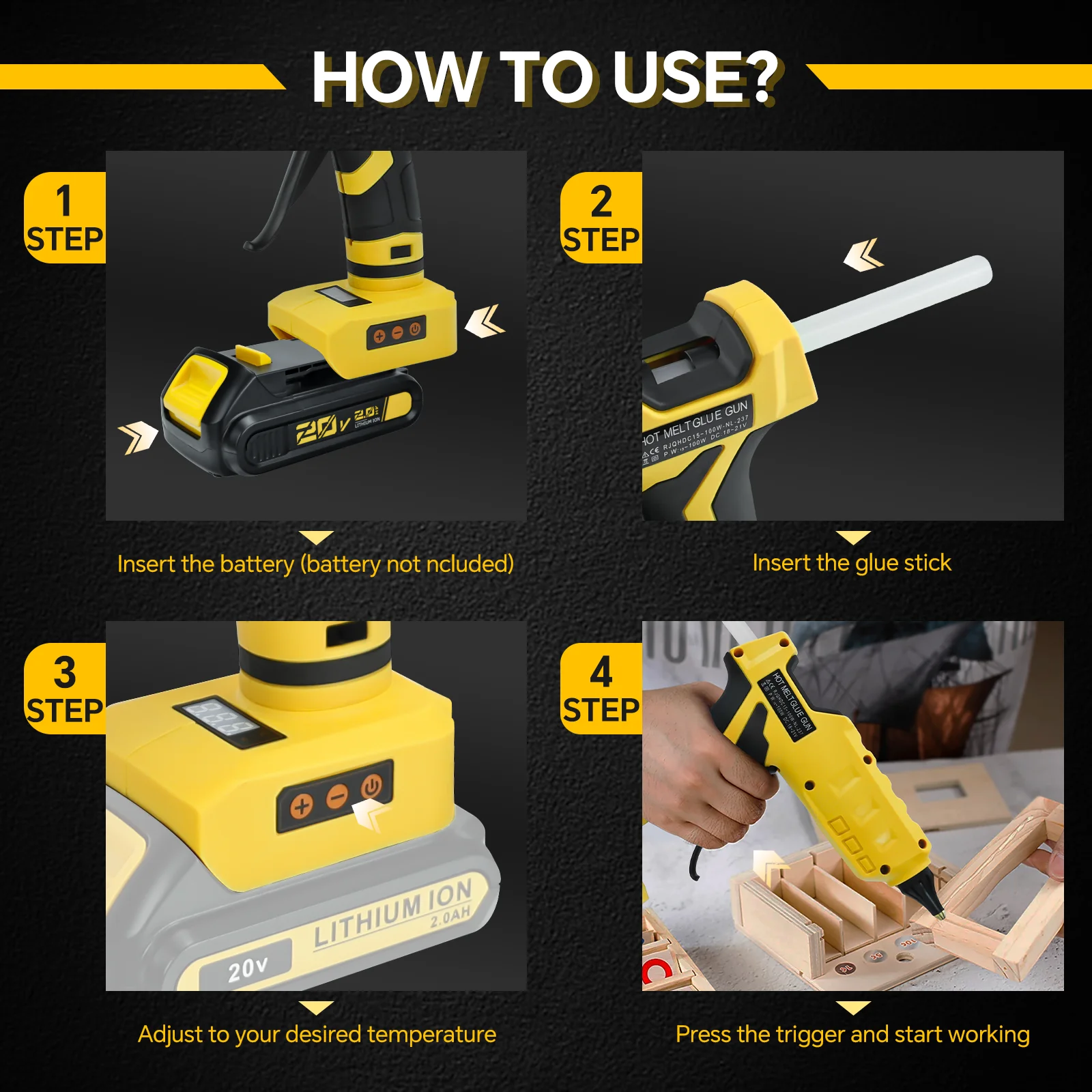 100W Cordless Hot Glue Gun Temp Adjust LCD Digital Display with 10Pcs 11mm Glue