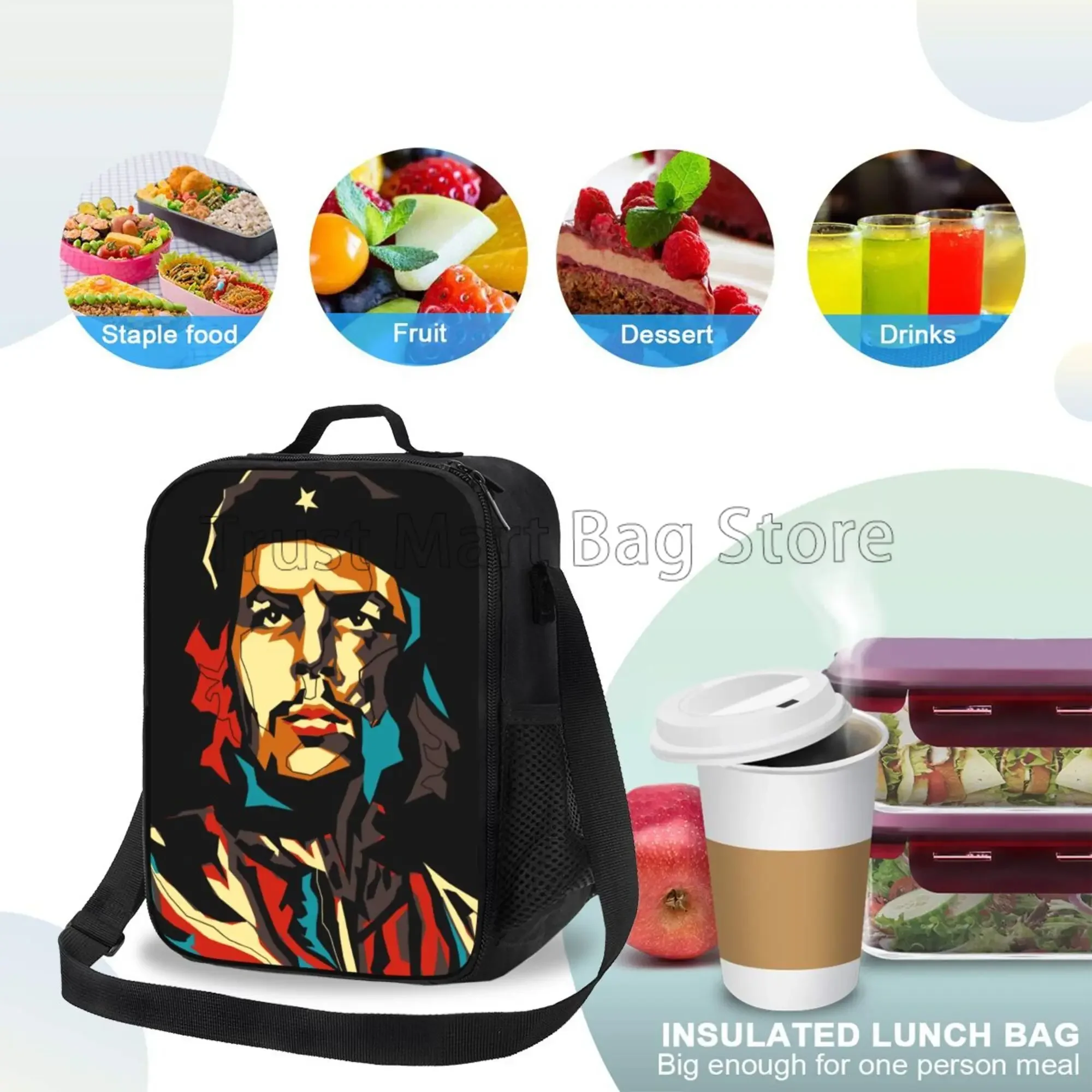 Che Guevara Portrait Print Insulated Lunch Bag Tote Handbag Food Container Thermal Cooler Pouch for Beach School Work Office