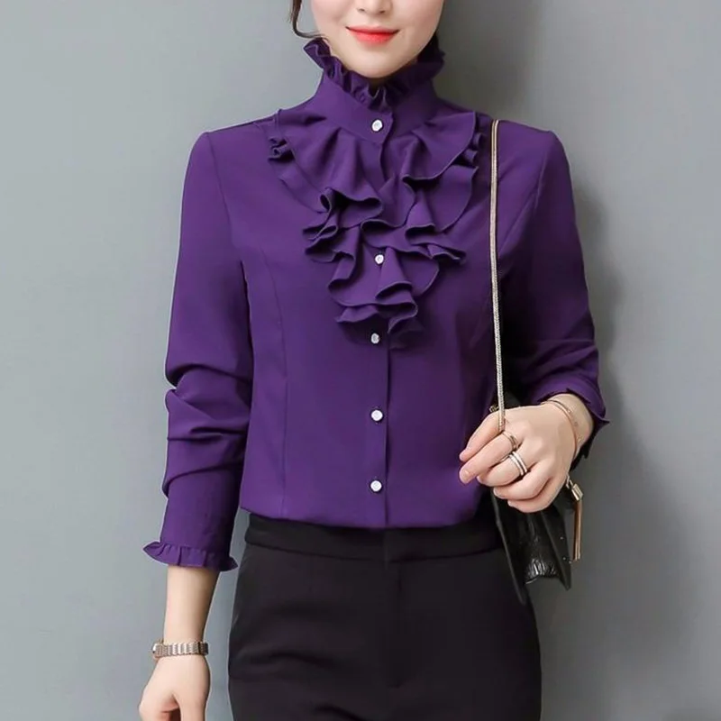 2023 Spring Clothes New Bottoming Shirt Ladies Korean Buttons Solid Color Half Height Collar Long Sleeve Blouse Women Clothing