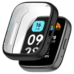 Premium Soft Silicone Protective Case with Glass Screen Protector for Xiaomi Redmi Watch 3 Active / 3 Lite Smartwatch (Black)